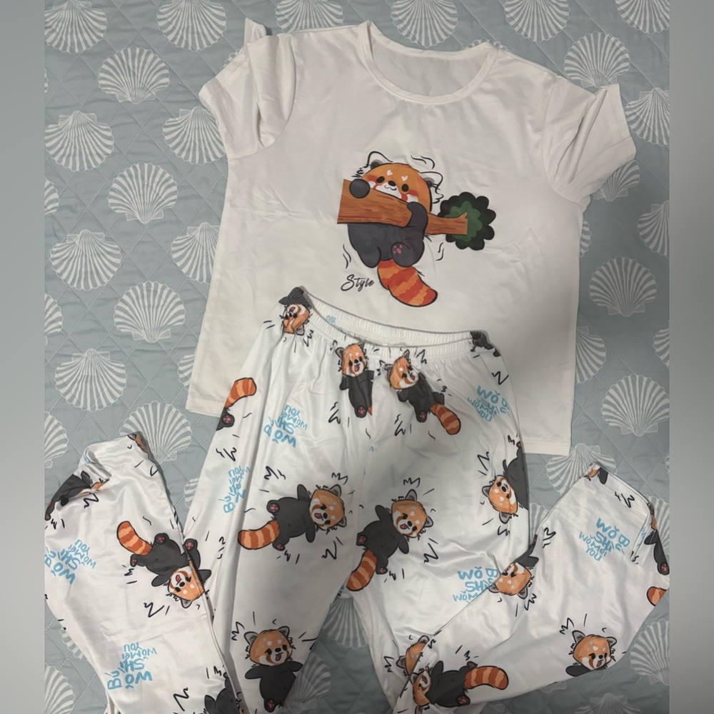 TrendsWhite Panda Print Random Patterned T-Shirt And Pants Pajama Set#653
